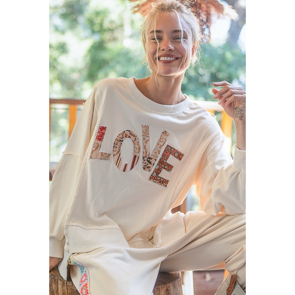 POL Cream Love Letter Patched French Terry Sweatshirt